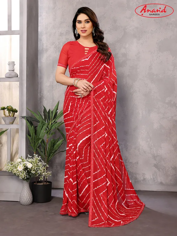 Embellished,_Striped,_Printed_Leheria_Georgette_Saree_(Red)