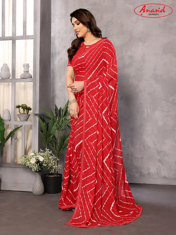 Embellished,_Striped,_Printed_Leheria_Georgette_Saree_(Red)
