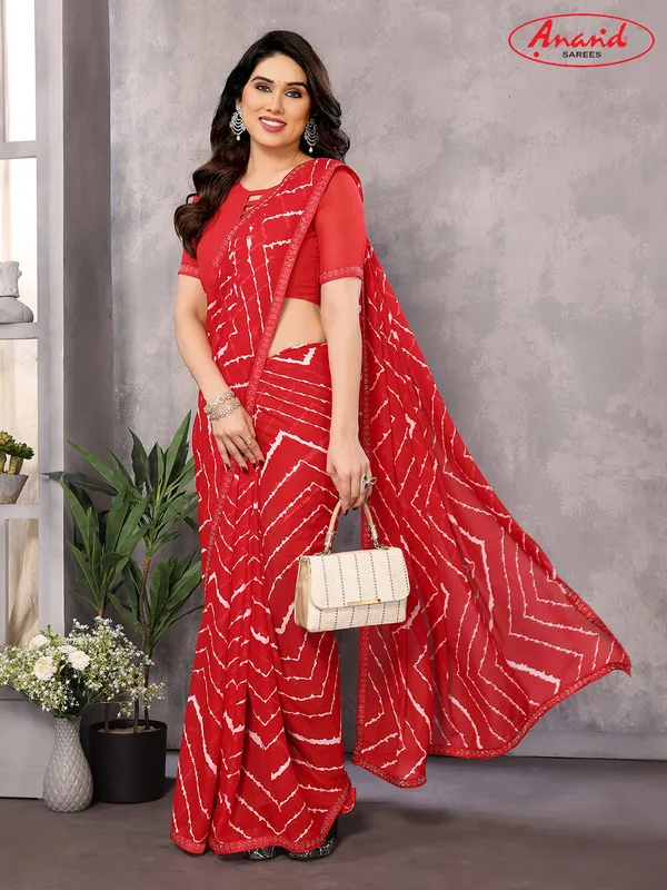Embellished,_Striped,_Printed_Leheria_Georgette_Saree_(Red)