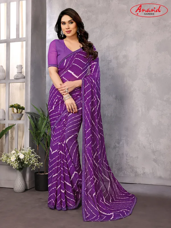 Embellished,_Striped,_Printed_Leheria_Georgette_Saree_(Purple)
