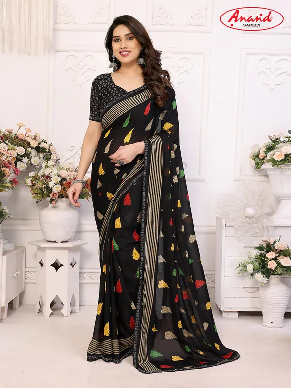 Embellished,_Striped,_Floral_Print_Bollywood_Georgette_Lace_Border_Dimond_Lace_Border_Saree_(Black)