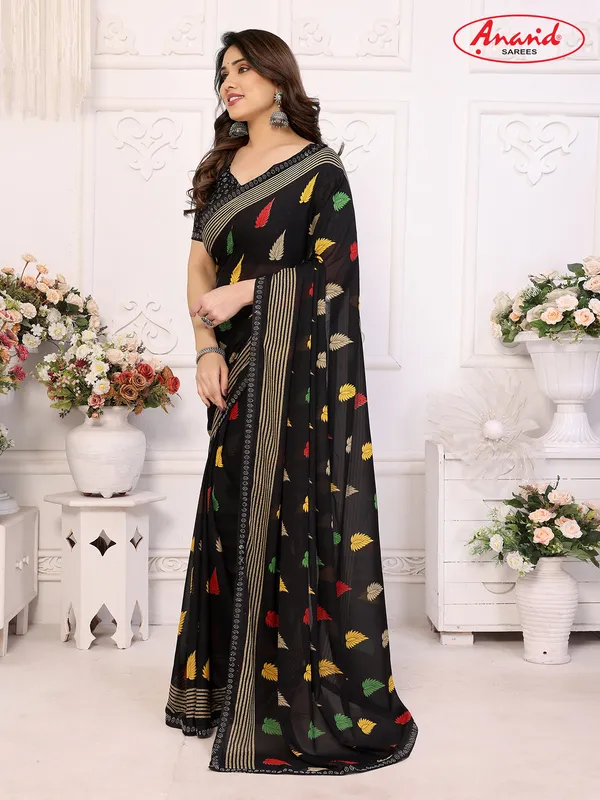 Embellished,_Striped,_Floral_Print_Bollywood_Georgette_Lace_Border_Dimond_Lace_Border_Saree_(Black)