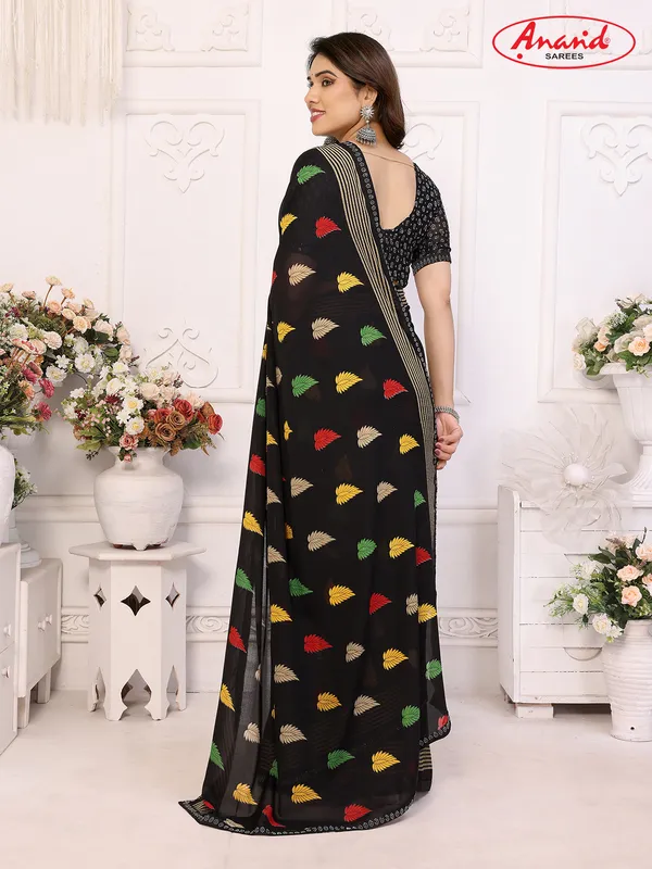 Embellished,_Striped,_Floral_Print_Bollywood_Georgette_Lace_Border_Dimond_Lace_Border_Saree_(Black)