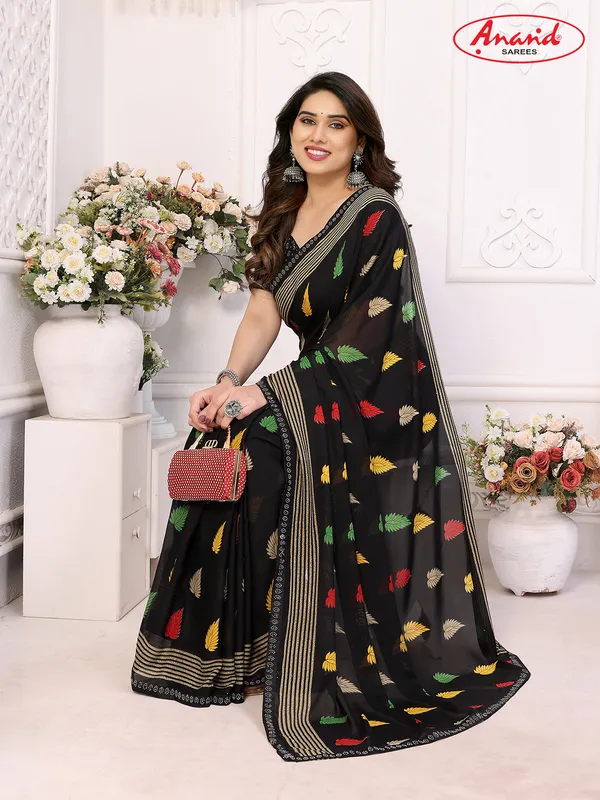 Embellished,_Striped,_Floral_Print_Bollywood_Georgette_Lace_Border_Dimond_Lace_Border_Saree_(Black)