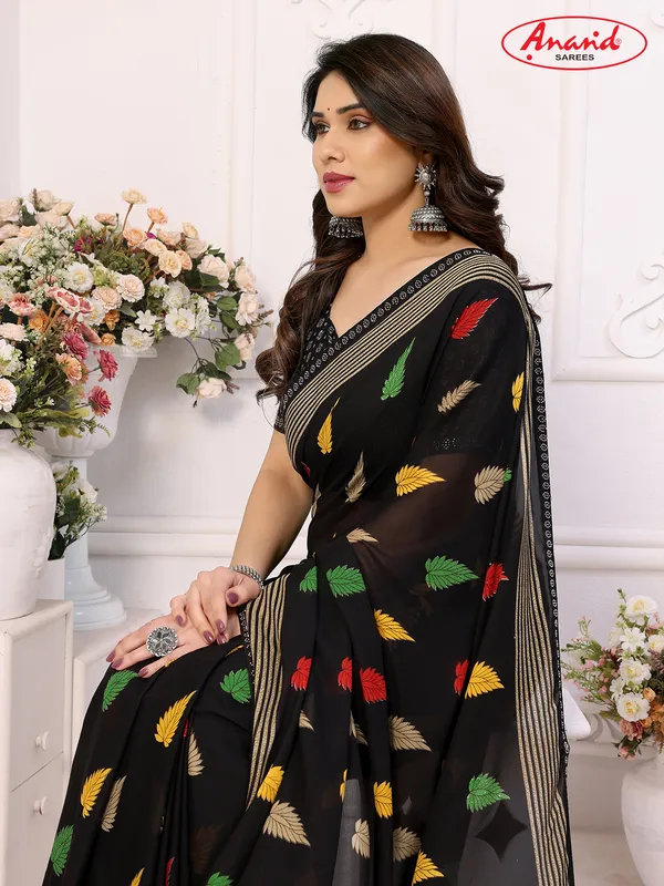 Embellished,_Striped,_Floral_Print_Bollywood_Georgette_Lace_Border_Dimond_Lace_Border_Saree_(Black)