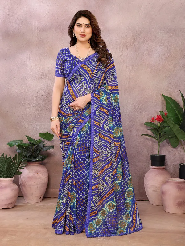 Bandhani_Print_Georgette_Diamond_Lace_Border_Saree_(Blue)