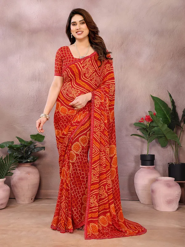 Bandhani_Print_Georgette_Diamond_Lace_Border_Saree_(Red)