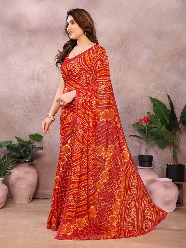 Bandhani_Print_Georgette_Diamond_Lace_Border_Saree_(Red)