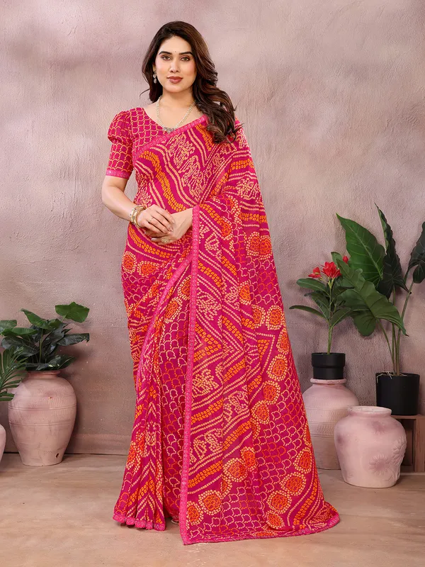 Bandhani_Print_Georgette_Diamond_Lace_Border_Saree_(Pink)