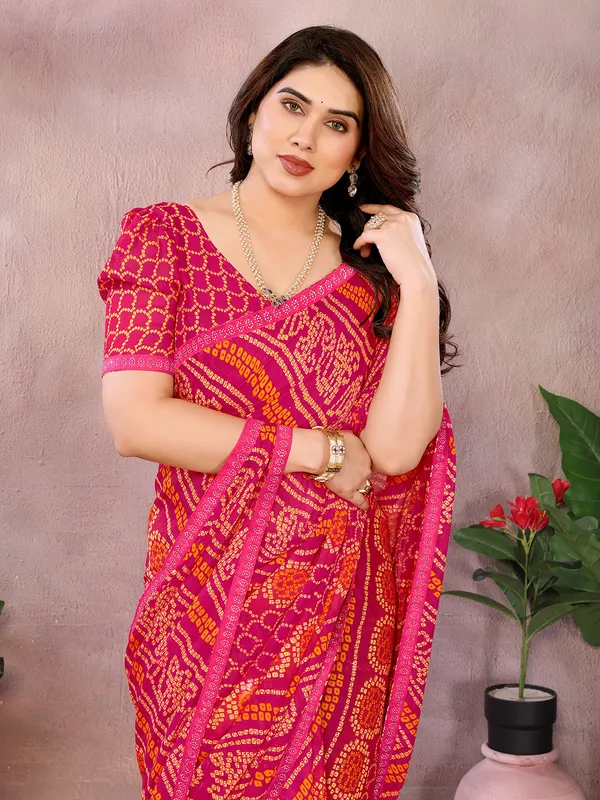 Bandhani_Print_Georgette_Diamond_Lace_Border_Saree_(Pink)