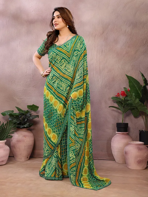 Bandhani_Print_Georgette_Diamond_Lace_Border_Saree_(Green)