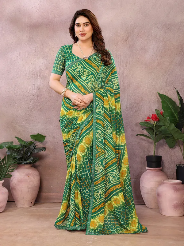 Bandhani_Print_Georgette_Diamond_Lace_Border_Saree_(Green)