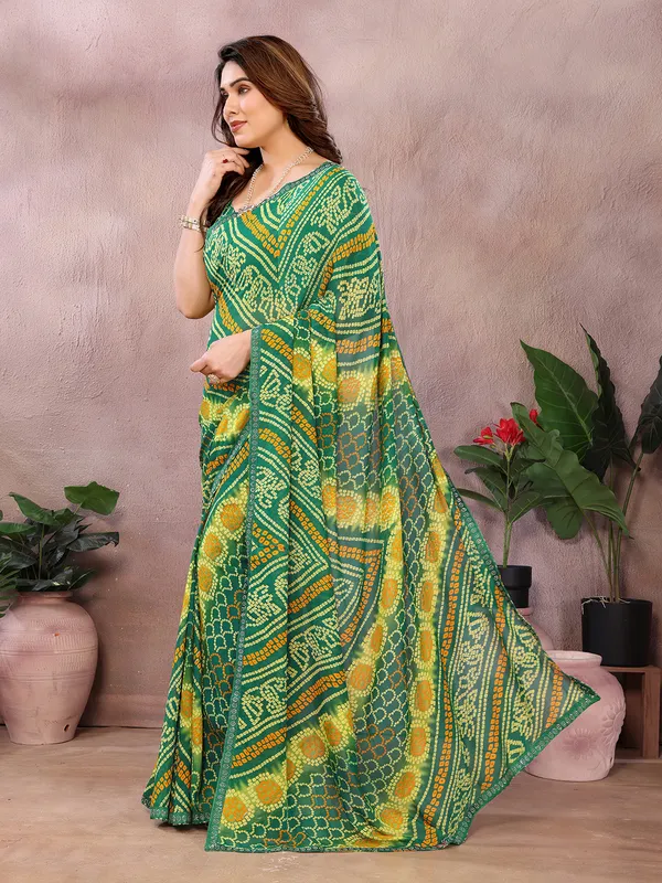 Bandhani_Print_Georgette_Diamond_Lace_Border_Saree_(Green)