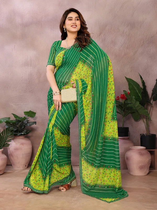 Bandhani_Print_Georgette_Diamond_Lace_Border_Saree_(Green)