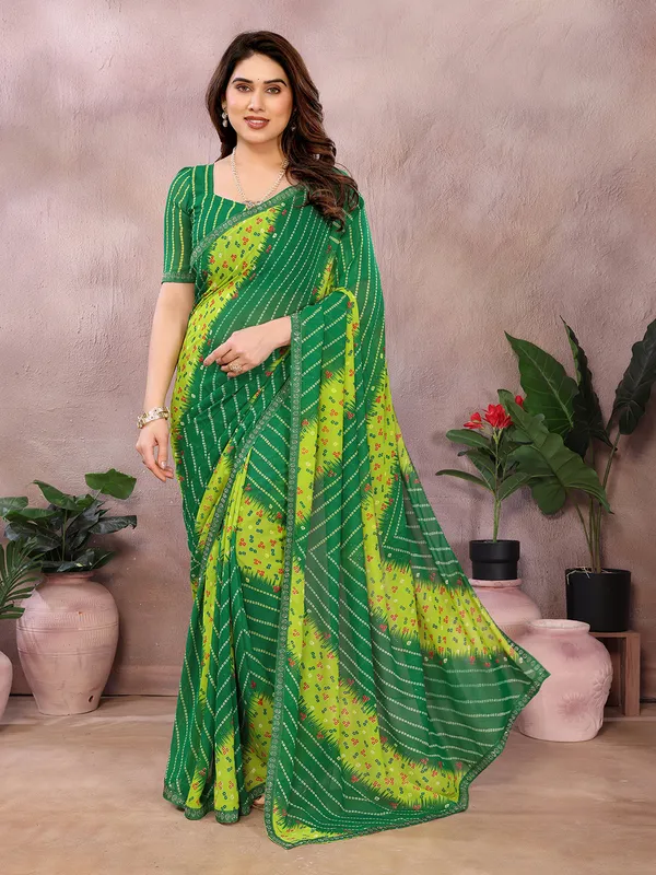 Bandhani_Print_Georgette_Diamond_Lace_Border_Saree_(Green)