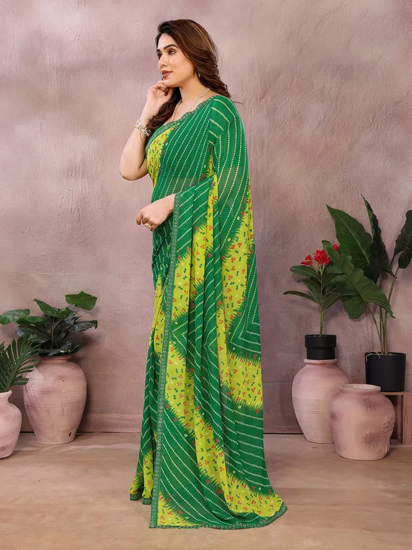 Bandhani_Print_Georgette_Diamond_Lace_Border_Saree_(Green)