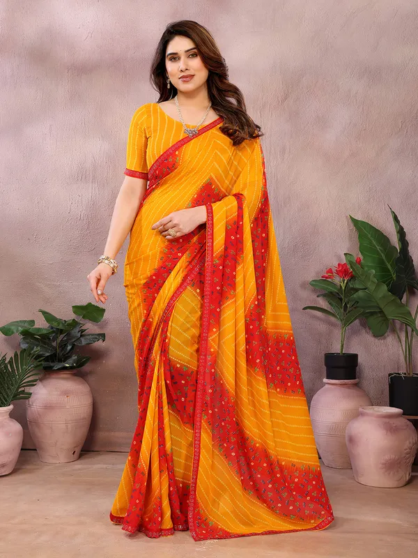 Bandhani_Print_Georgette_Diamond_Lace_Border_Saree_(Yellow)