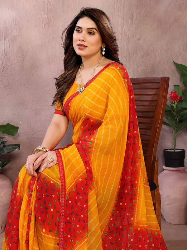Bandhani_Print_Georgette_Diamond_Lace_Border_Saree_(Yellow)