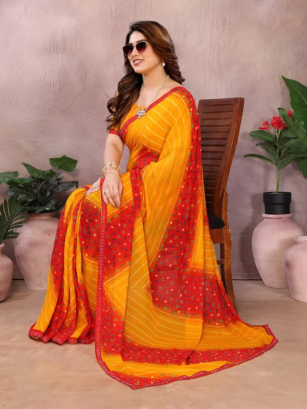Bandhani_Print_Georgette_Diamond_Lace_Border_Saree_(Yellow)