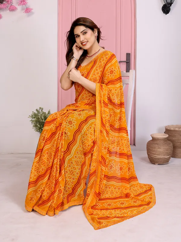 Bandhani_Print_Georgette_Diamond_Lace_Border_Saree_(Yellow)