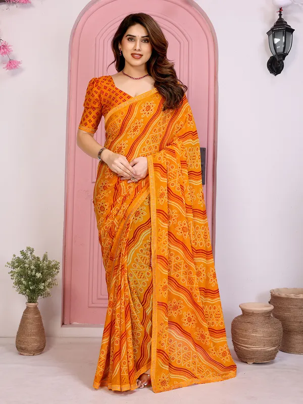 Bandhani_Print_Georgette_Diamond_Lace_Border_Saree_(Yellow)