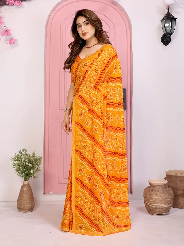 Bandhani_Print_Georgette_Diamond_Lace_Border_Saree_(Yellow)
