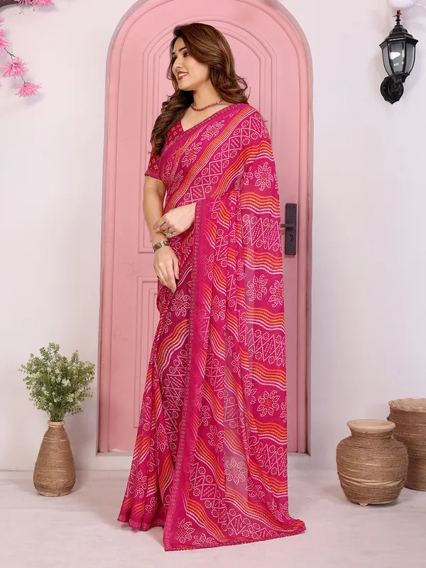 Bandhani_Print_Georgette_Diamond_Lace_Border_Saree_(Pink)