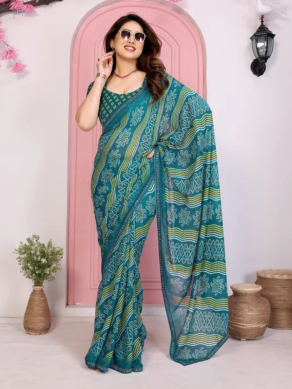 Bandhani_Print_Georgette_Diamond_Lace_Border_Saree_(Rama)