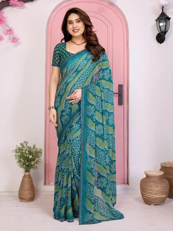 Bandhani_Print_Georgette_Diamond_Lace_Border_Saree_(Rama)