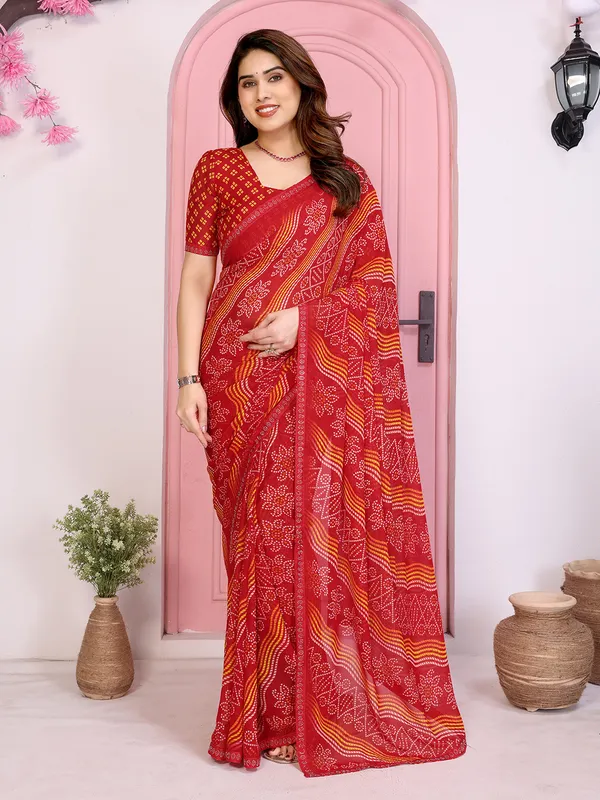 Bandhani_Print_Georgette_Diamond_Lace_Border_Saree_(Red)