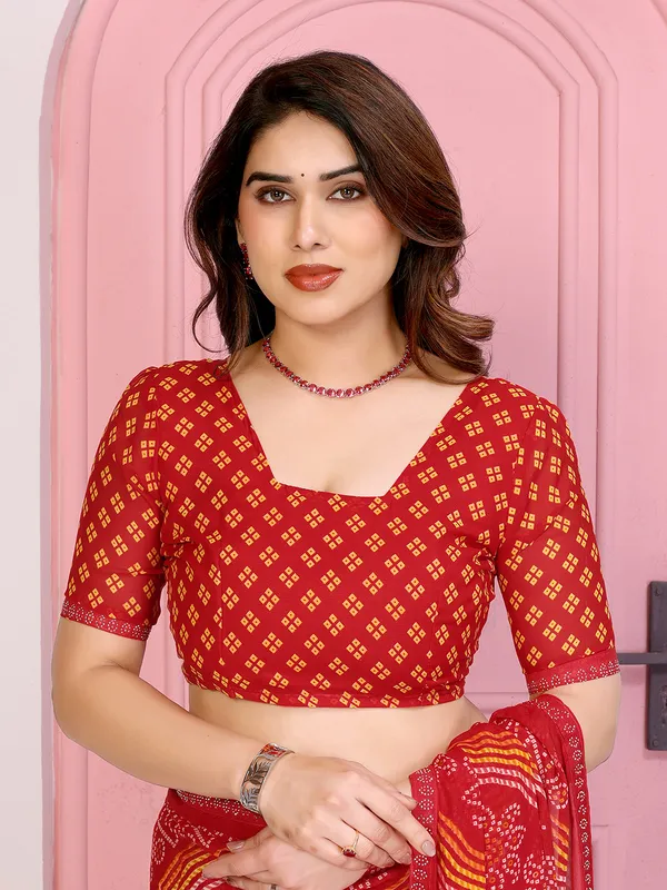 Bandhani_Print_Georgette_Diamond_Lace_Border_Saree_(Red)