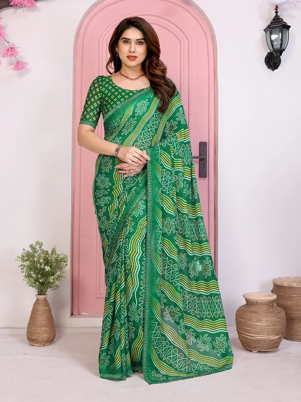 Bandhani_Print_Georgette_Diamond_Lace_Border_Saree_(Green)