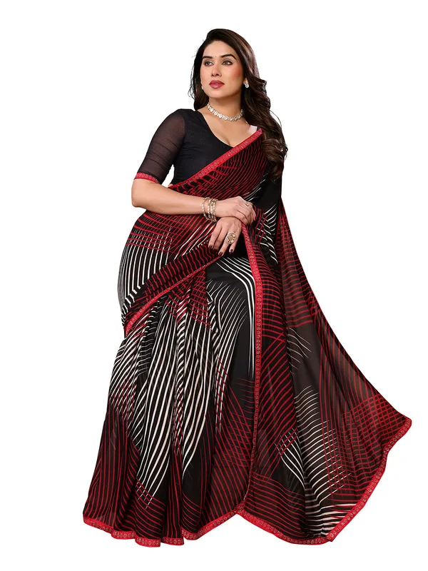 Embellished,_Striped,_Printed_Leheria_Georgette_Saree_(Red,_Black,_White)