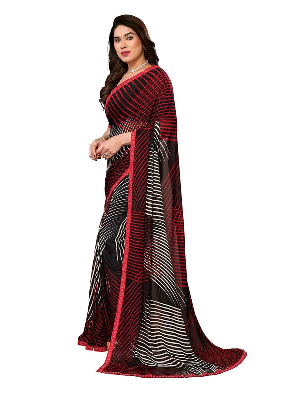 Embellished,_Striped,_Printed_Leheria_Georgette_Saree_(Red,_Black,_White)