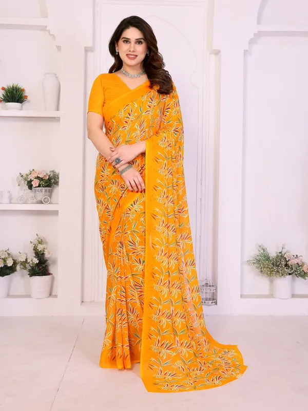 Floral_Print_Daily_Wear_Georgette_Saree_(Yellow)