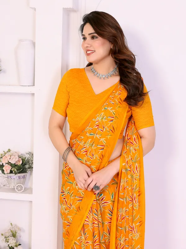 Floral_Print_Daily_Wear_Georgette_Saree_(Yellow)