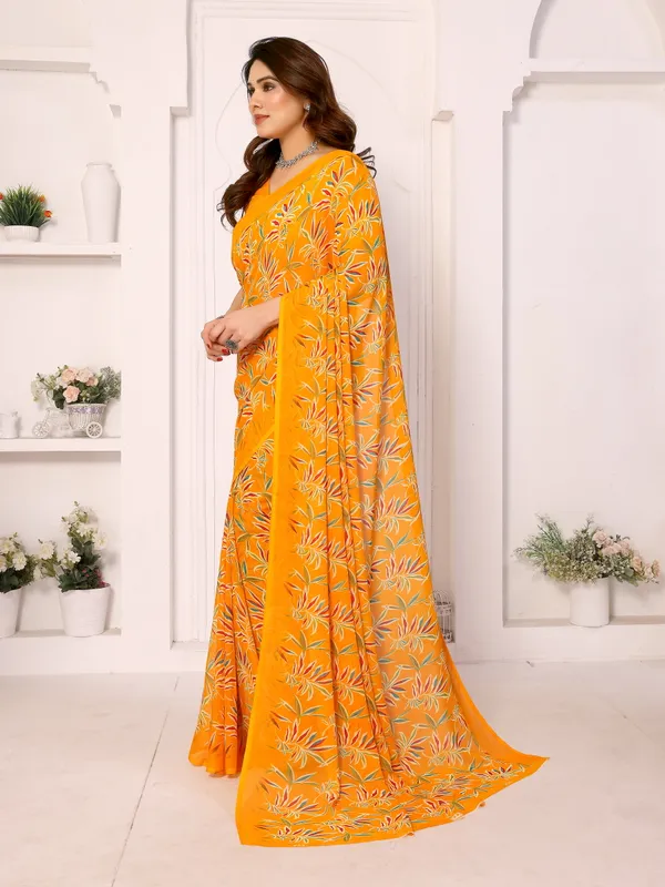 Floral_Print_Daily_Wear_Georgette_Saree_(Yellow)