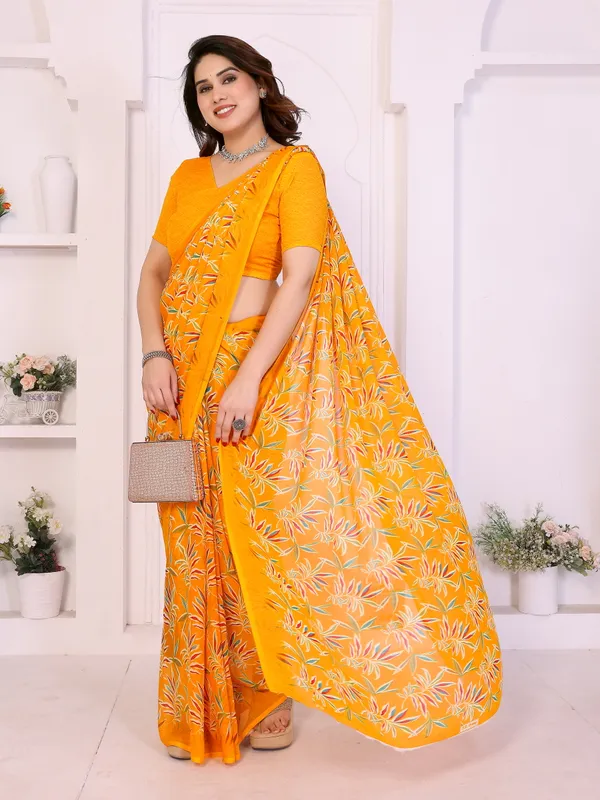 Floral_Print_Daily_Wear_Georgette_Saree_(Yellow)