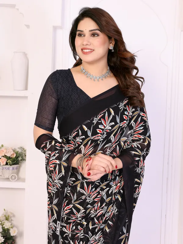 Floral_Print_Daily_Wear_Georgette_Saree_(Black)
