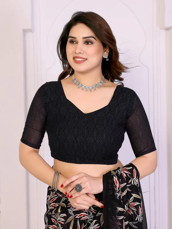 Floral_Print_Daily_Wear_Georgette_Saree_(Black)