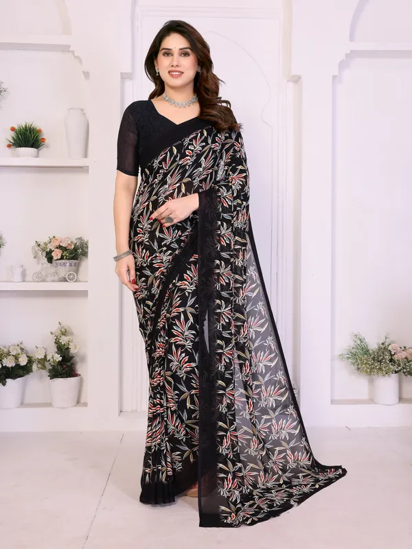 Floral_Print_Daily_Wear_Georgette_Saree_(Black)