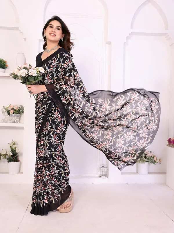 Floral_Print_Daily_Wear_Georgette_Saree_(Black)