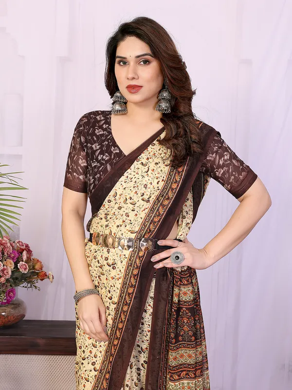 Printed_Georgette_Saree_With_UnStitched_Blouse_Piece_(BROWN)
