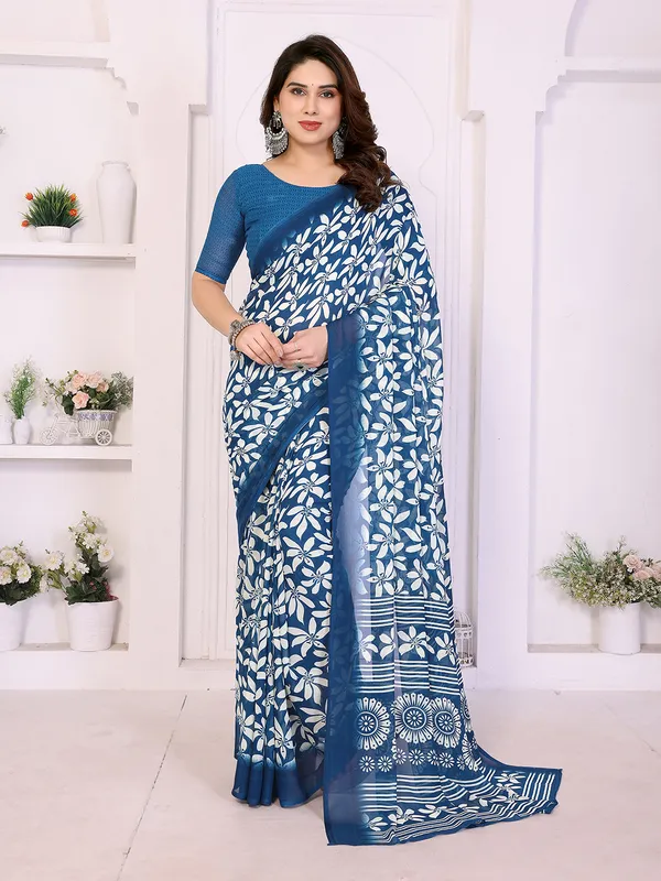 Printed_Georgette_Saree_With_UnStitched_Blouse_Piece_(BLUE)