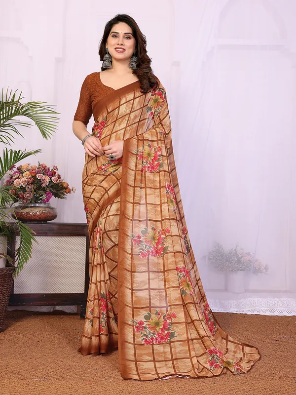 Printed_Georgette_Saree_With_UnStitched_Blouse_Piece_(BROWN)