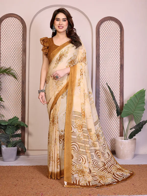 Printed_Georgette_Saree_With_UnStitched_Blouse_Piece_(Brown)