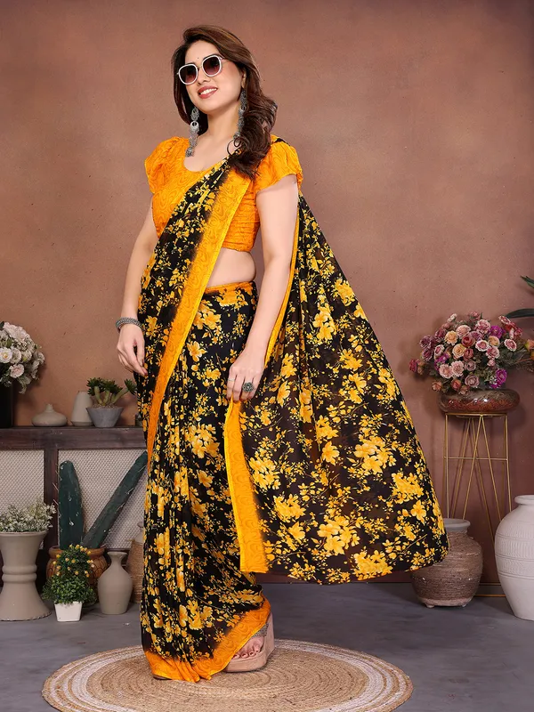 Printed_Georgette_Saree_With_UnStitched_Blouse_Piece_(Yellow)