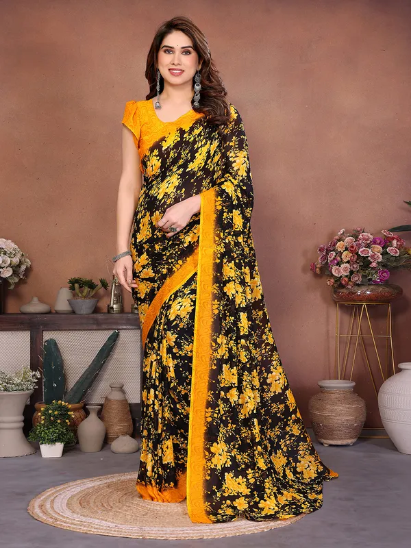 Printed_Georgette_Saree_With_UnStitched_Blouse_Piece_(Yellow)