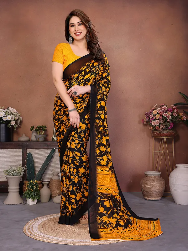 Printed_Georgette_Saree_With_UnStitched_Blouse_Piece_(Yellow)