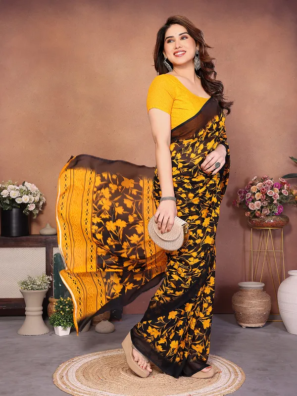 Printed_Georgette_Saree_With_UnStitched_Blouse_Piece_(Yellow)